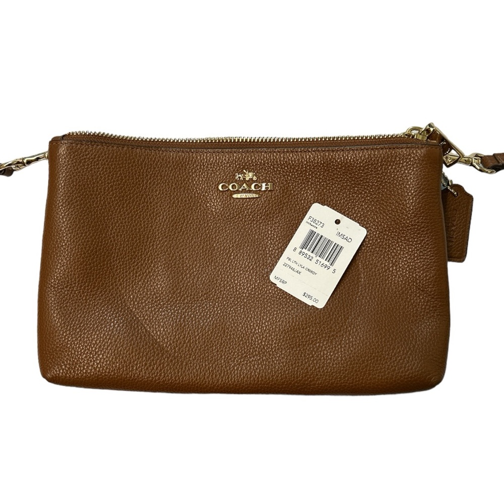 Coach F38273 Lyla Pebbled Leather Crossbody Double Zipper Saddle Brown EUC